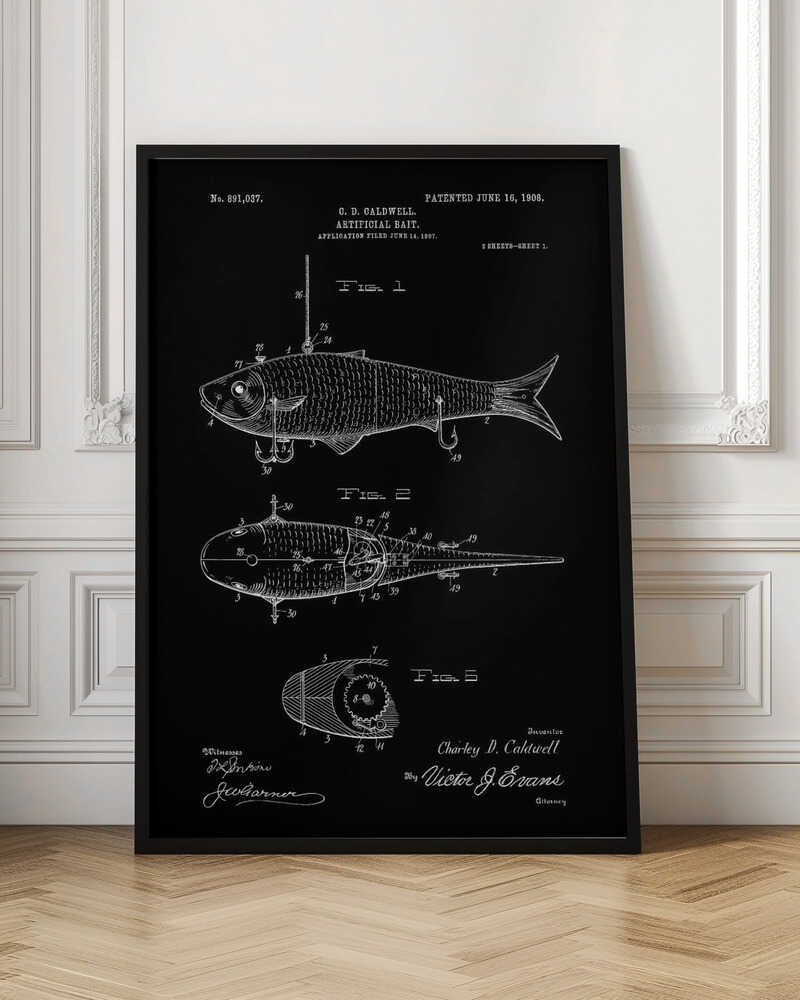 A vintage patent illustration for an 'Artificial Bait' by C.D. Caldwell, patented June 16, 1908. The artwork is a black and white blueprint-style drawing on a black background, showing multiple figures of a mechanical fishing lure with hooks. Wall Art