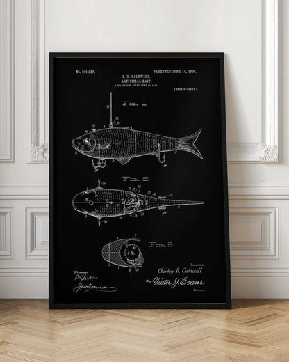 A vintage patent illustration for an 'Artificial Bait' by C.D. Caldwell, patented June 16, 1908. The artwork is a black and white blueprint-style drawing on a black background, showing multiple figures of a mechanical fishing lure with hooks. Wall Art