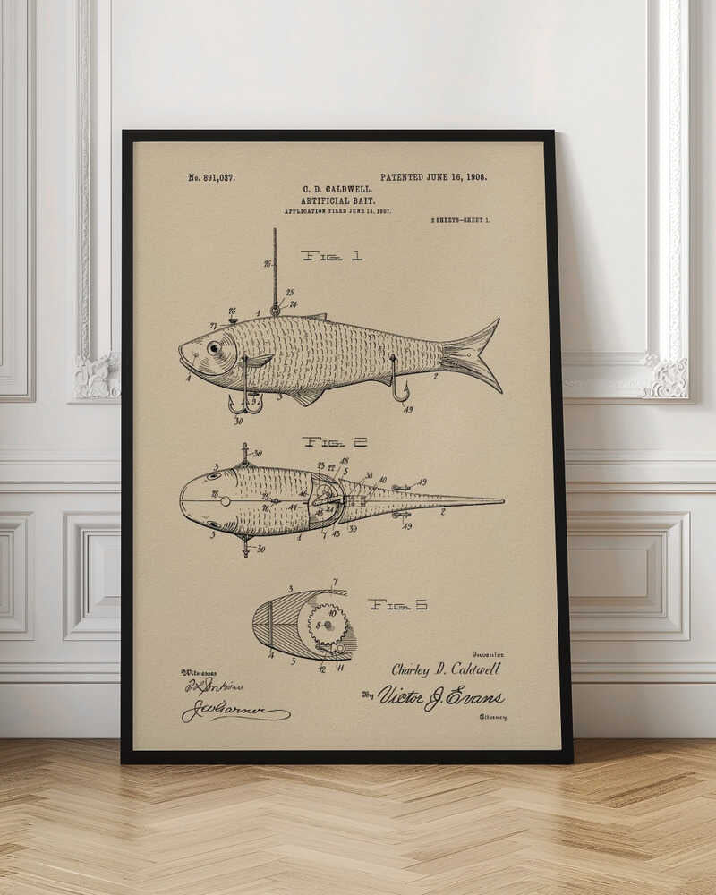 A framed vintage patent illustration for an artificial fishing bait, dated 1908. The technical drawing on beige paper shows multiple views of a fish-shaped lure, including its internal mechanics and hooks, complete with inventor and witness signatures. Decor