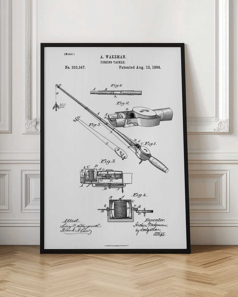 A framed black and white patent illustration for A. Wakeman's 'Fishing Tackle', patented August 12, 1884. The drawing shows detailed diagrams and cross-sections of a fishing rod and reel, labeled with figures and letters. Text includes the patent number, date, inventor's name, and attest signatures. Artwork
