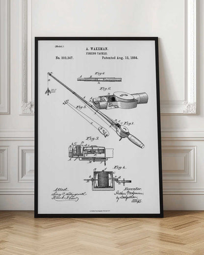 A framed black and white patent illustration for A. Wakeman's 'Fishing Tackle', patented August 12, 1884. The drawing shows detailed diagrams and cross-sections of a fishing rod and reel, labeled with figures and letters. Text includes the patent number, date, inventor's name, and attest signatures. Artwork