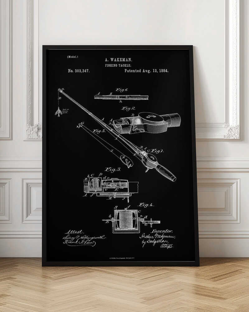 A framed vintage patent illustration for A. Wakeman's fishing tackle, dated August 12, 1884. The technical drawing, rendered in white lines on a black background, details the mechanics of a fishing rod and reel through multiple figures. Print