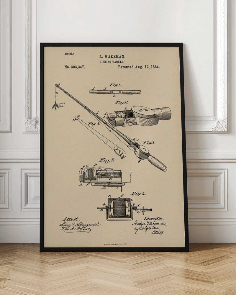 A framed vintage patent illustration for 'Fishing Tackle' by A. Wakeman, dated August 12, 1884. The artwork, in black ink on beige parchment-style paper, features detailed technical drawings of a fishing rod and reel from various angles. Print