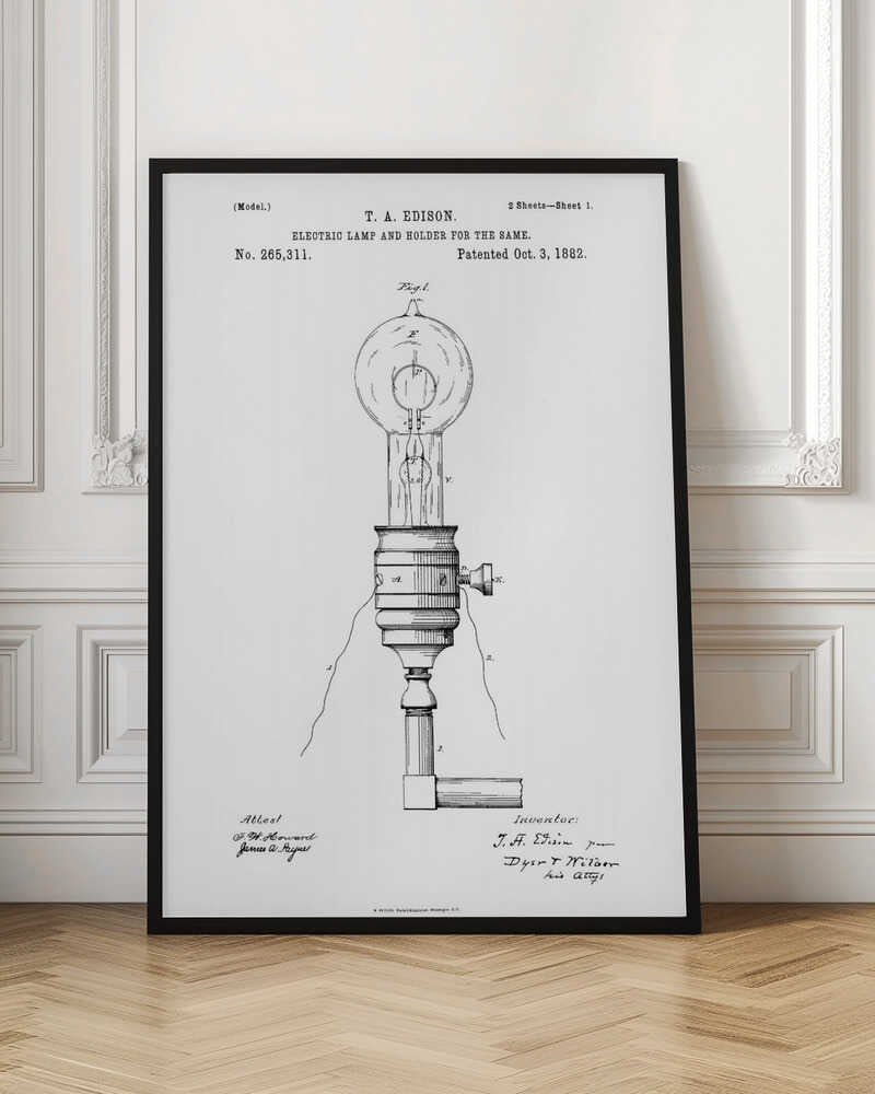 A framed black and white patent illustration for T. A. Edison's electric lamp and holder, dated October 3, 1882. The detailed diagram shows an early incandescent light bulb in its socket with wiring. Decor
