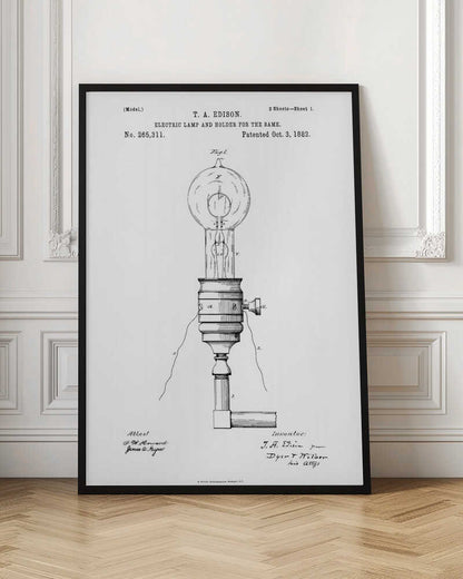 A framed black and white patent illustration for T. A. Edison's electric lamp and holder, dated October 3, 1882. The detailed diagram shows an early incandescent light bulb in its socket with wiring. Decor