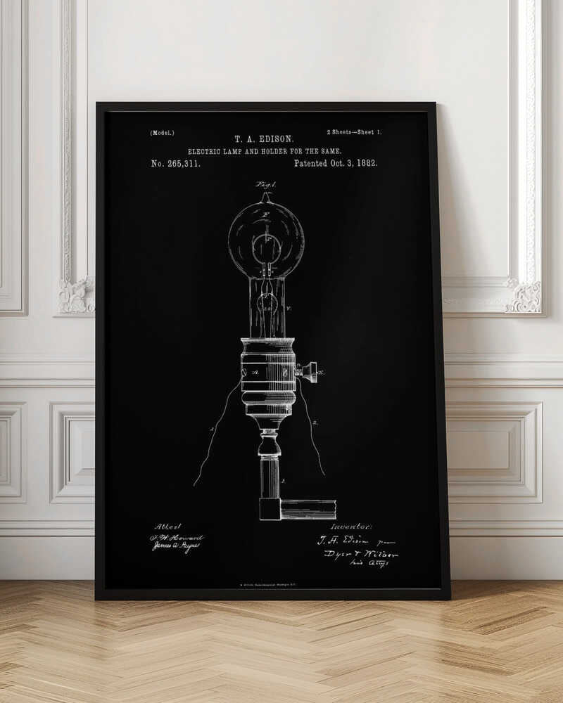 A framed black and white patent illustration for T. A. Edison's electric lamp and holder, dated October 3, 1882. The technical drawing shows a detailed schematic of an early light bulb and its base against a solid black background. Poster