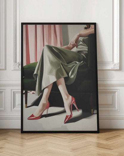A painting of a woman from the torso down, sitting elegantly in a dark green armchair. She wears a flowing sage green dress and vibrant, glossy red stiletto heels. Behind her, pink curtains add a soft backdrop to the scene. Decor