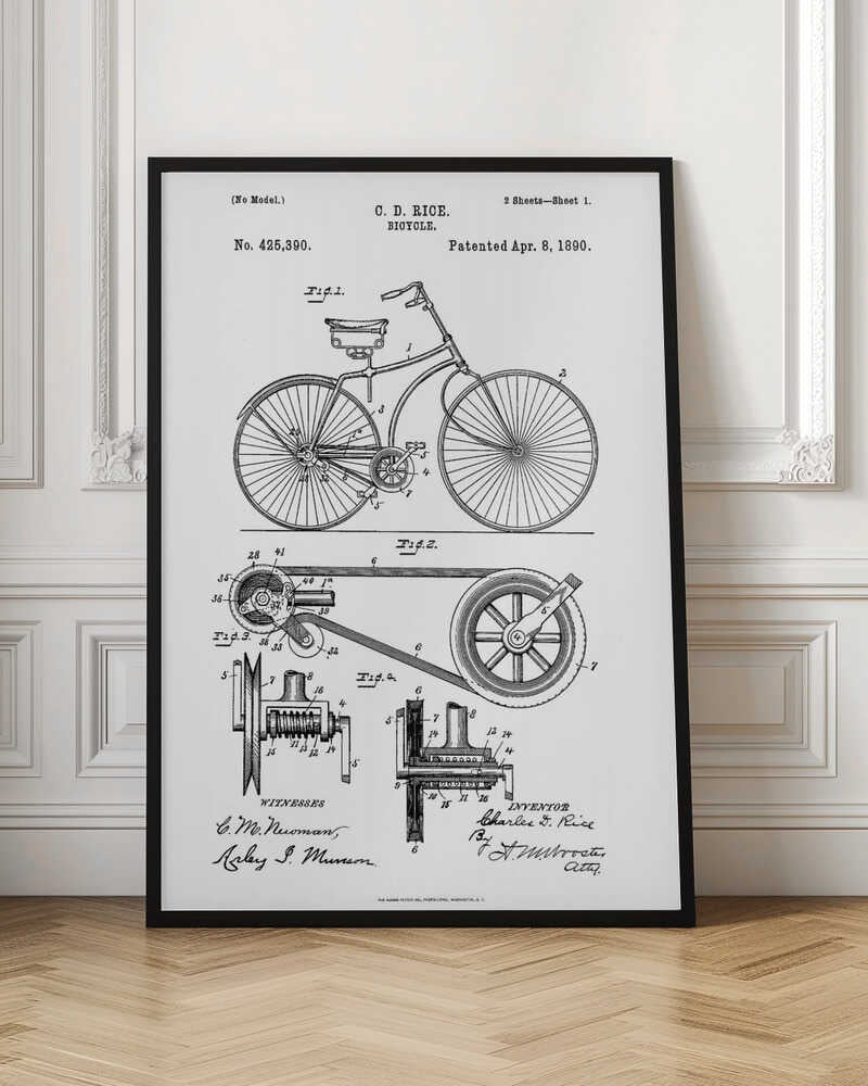 A framed black and white patent illustration for a bicycle invented by C. D. Rice, patented April 8, 1890. The technical drawing shows a side view of the bicycle and detailed diagrams of its mechanical components. Print