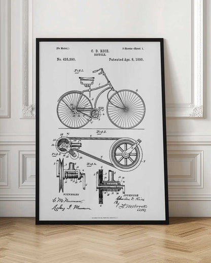A framed black and white patent illustration for a bicycle invented by C. D. Rice, patented April 8, 1890. The technical drawing shows a side view of the bicycle and detailed diagrams of its mechanical components. Print