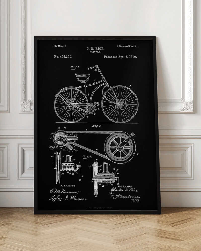 A framed black and white patent illustration for a bicycle invented by C. D. Rice, dated April 8, 1890. The artwork displays detailed technical drawings of the bicycle's design and mechanical components against a solid black background. Wall Art