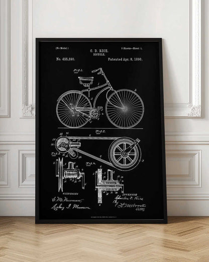A framed black and white patent illustration for a bicycle invented by C. D. Rice, dated April 8, 1890. The artwork displays detailed technical drawings of the bicycle's design and mechanical components against a solid black background. Wall Art
