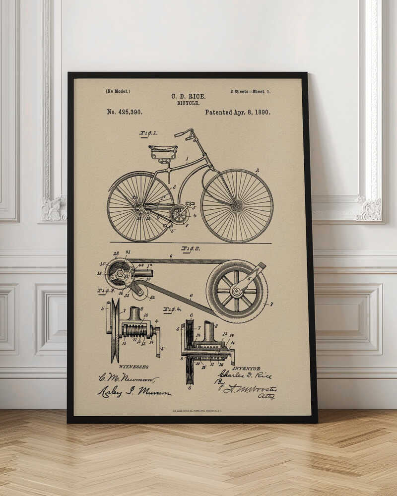 A framed vintage patent illustration for a bicycle by C. D. Rice, dated April 8, 1890. The technical drawing is in black ink on a beige, parchment-style background, showing detailed schematics of the bicycle and its components. Wall Art
