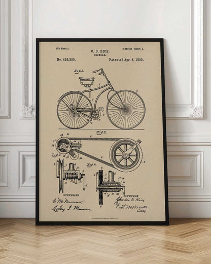 A framed vintage patent illustration for a bicycle by C. D. Rice, dated April 8, 1890. The technical drawing is in black ink on a beige, parchment-style background, showing detailed schematics of the bicycle and its components. Wall Art