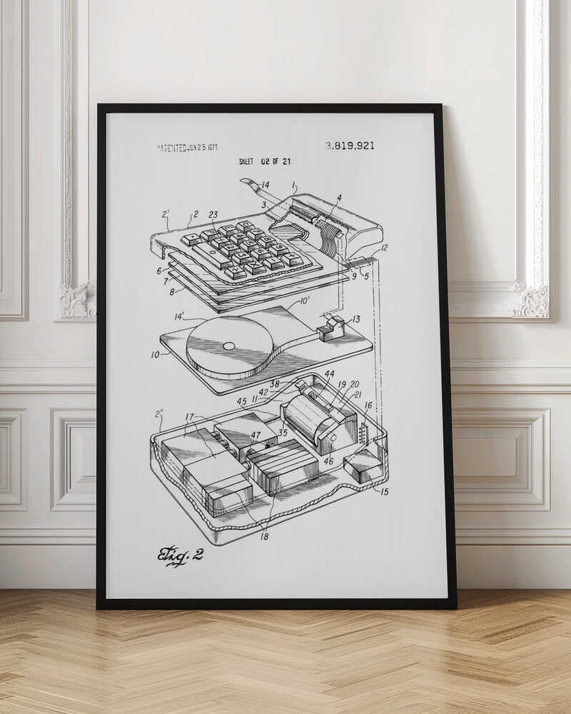 A framed black and white patent illustration from 1974 showing an exploded view of an early electronic calculator. The detailed technical drawing, labeled 'Fig. 2', displays the keyboard, internal components, and circuitry, with various parts numbered for reference. Decor