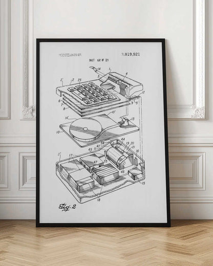 A framed black and white patent illustration from 1974 showing an exploded view of an early electronic calculator. The detailed technical drawing, labeled 'Fig. 2', displays the keyboard, internal components, and circuitry, with various parts numbered for reference. Decor