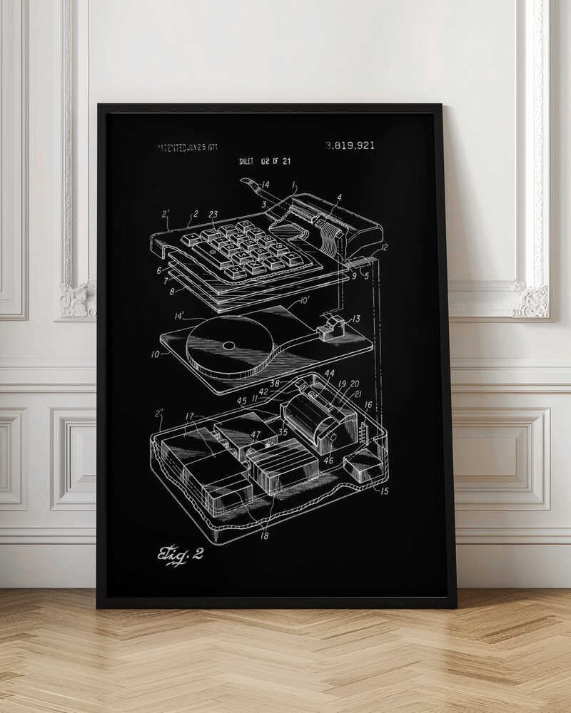 A black and white patent illustration of an electronic calculator from 1974. The image shows an exploded view of the device, detailing the keyboard and internal components with white line drawings on a black background. Wall Art