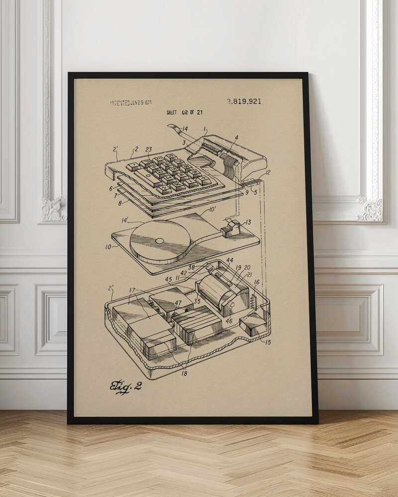 A framed print of a vintage patent illustration from 1974, showing an exploded view of an electronic calculator. The technical drawing is in black ink on tan paper and details the keyboard, internal circuitry, and printing mechanism, all labeled with reference numbers. Poster