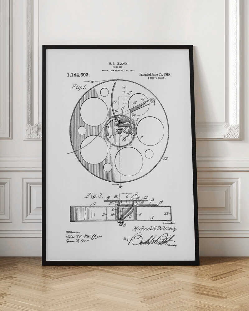 A framed black and white patent illustration for a film reel by M. G. Delaney, patented on June 29, 1915. The technical drawing shows a top view and a cross-section of the film reel, complete with part numbers, inventor's signature, and patent information. Poster