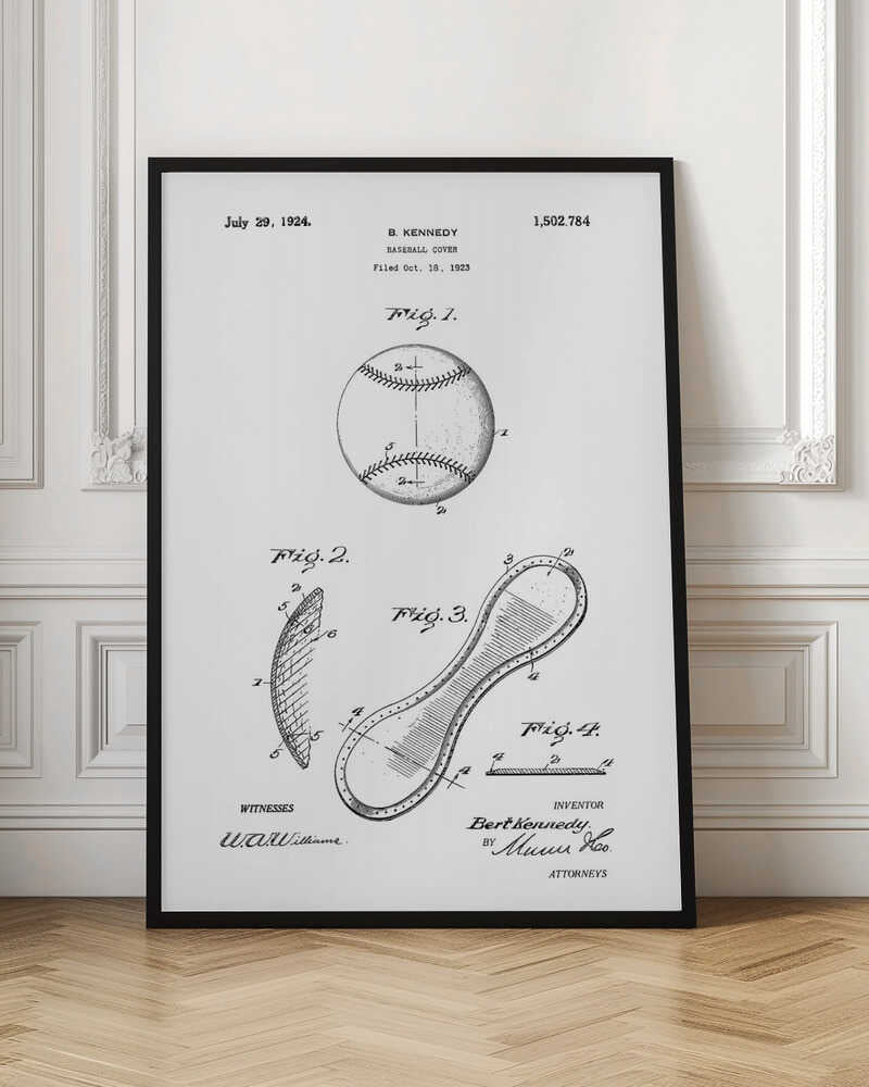 A framed black and white print of the 1924 U.S. patent for a baseball cover by inventor B. Kennedy. The diagram features several figures, including a detailed drawing of a baseball and the figure-eight shaped leather cover. Decor