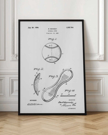 A framed black and white print of the 1924 U.S. patent for a baseball cover by inventor B. Kennedy. The diagram features several figures, including a detailed drawing of a baseball and the figure-eight shaped leather cover. Decor