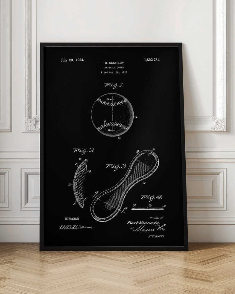 A framed vintage patent illustration for a baseball cover, presented as a white-on-black blueprint. The poster displays technical drawings of a baseball and its figure-eight leather panel, with annotations, dates, and signatures from the original 1924 patent by B. Kennedy. Poster