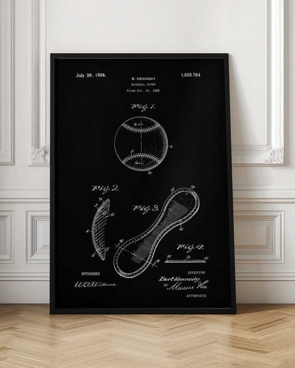 A framed vintage patent illustration for a baseball cover, presented as a white-on-black blueprint. The poster displays technical drawings of a baseball and its figure-eight leather panel, with annotations, dates, and signatures from the original 1924 patent by B. Kennedy. Poster