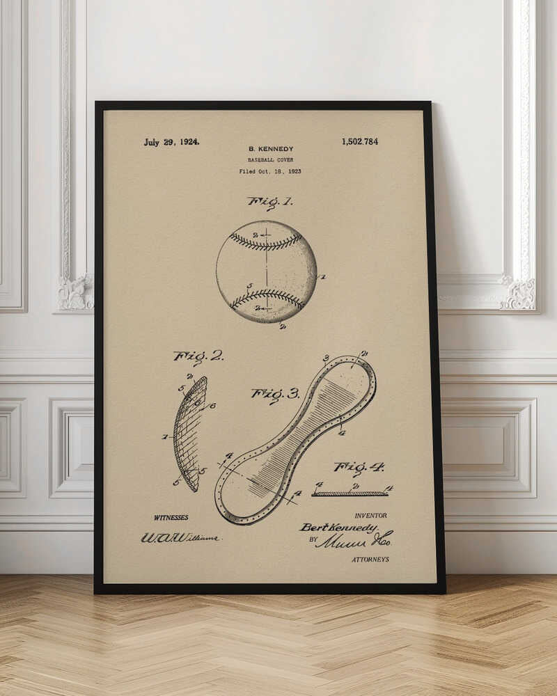 A framed vintage patent illustration for a baseball cover, dated July 29, 1924. The artwork, on a beige parchment background, shows technical drawings of a baseball and its figure-eight leather cover piece, with text and signatures. Artwork