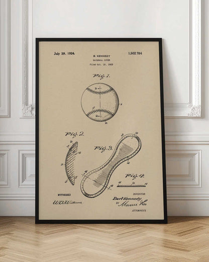 A framed vintage patent illustration for a baseball cover, dated July 29, 1924. The artwork, on a beige parchment background, shows technical drawings of a baseball and its figure-eight leather cover piece, with text and signatures. Artwork