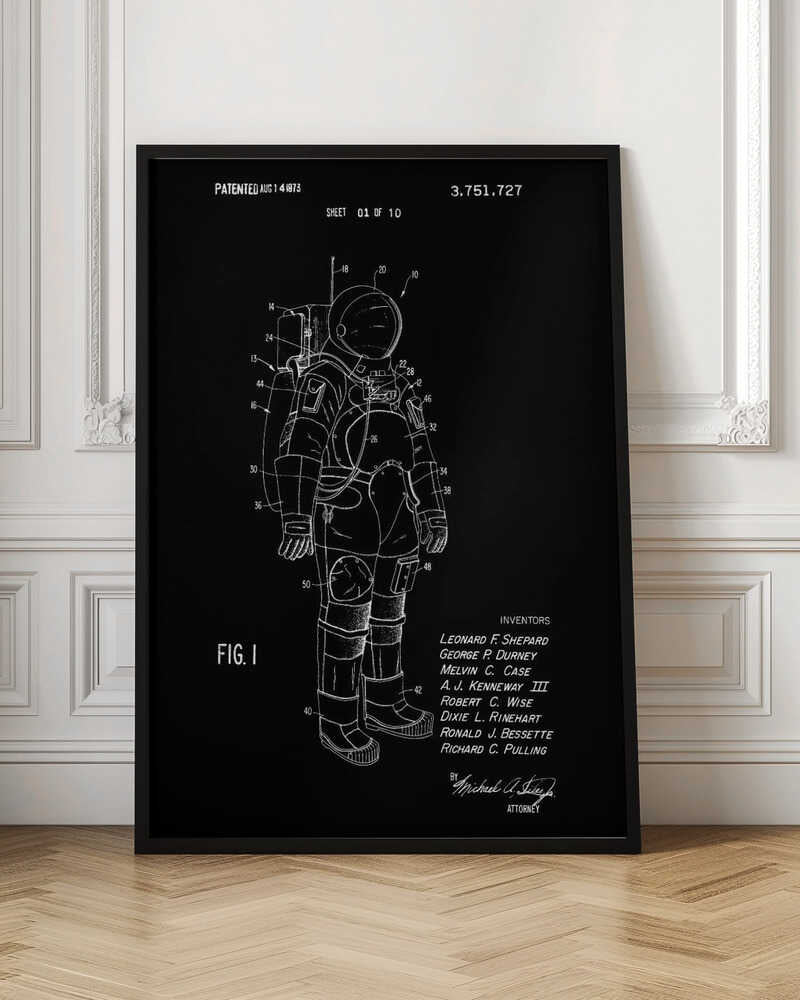 A framed patent illustration of an astronaut's spacesuit, depicted as a white line drawing on a black background. The technical schematic is labeled with various numbers and includes text like 'PATENTED AUG 14 1973', 'FIG. 1', and a list of inventors. Wall Art