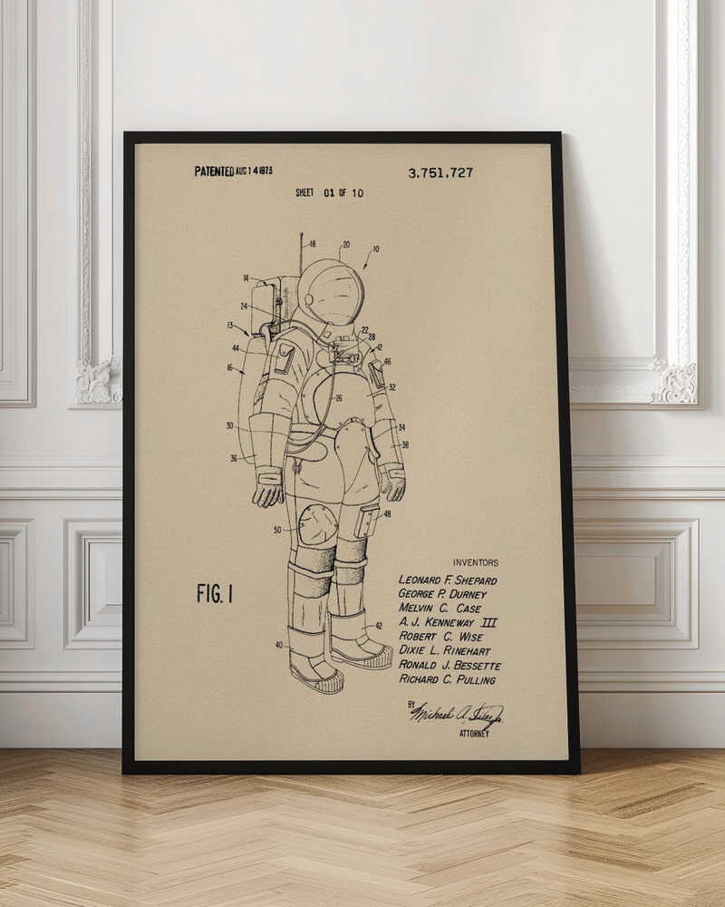 A framed vintage patent illustration of an astronaut's spacesuit, presented as a black line drawing on tan paper. The detailed diagram is labeled with numbers and includes patent details, dates, and inventors' names. Wall Art