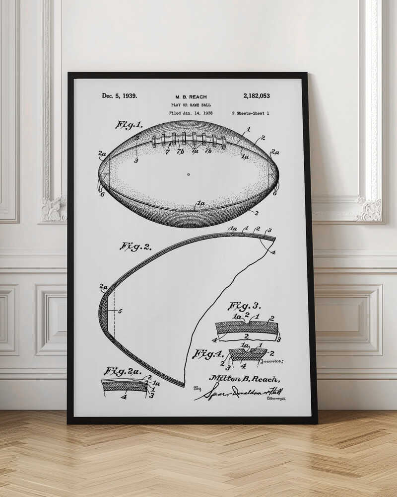 A framed black and white print of the 1939 patent for a football. The illustration, by inventor Milton B. Reach, shows detailed diagrams and cross-sections of the game ball's construction. Poster