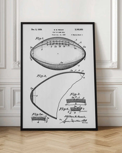 A framed black and white print of the 1939 patent for a football. The illustration, by inventor Milton B. Reach, shows detailed diagrams and cross-sections of the game ball's construction. Poster