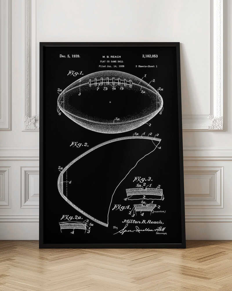 A framed black and white patent illustration for a football, dated December 5, 1939. The drawing shows various figures detailing the ball's construction, including a full view of the football with its laces and several cross-sections, all rendered in white lines on a black background. Poster