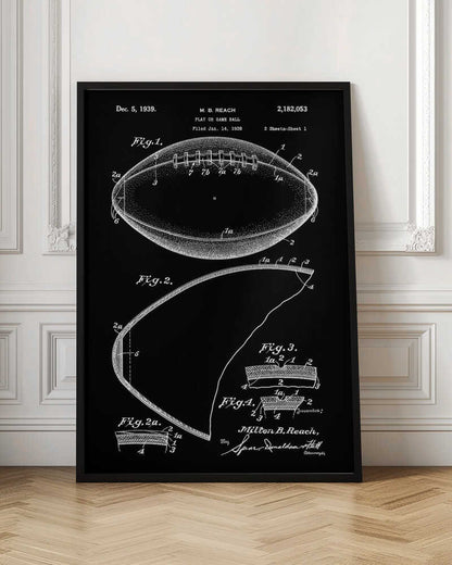 A framed black and white patent illustration for a football, dated December 5, 1939. The drawing shows various figures detailing the ball's construction, including a full view of the football with its laces and several cross-sections, all rendered in white lines on a black background. Poster
