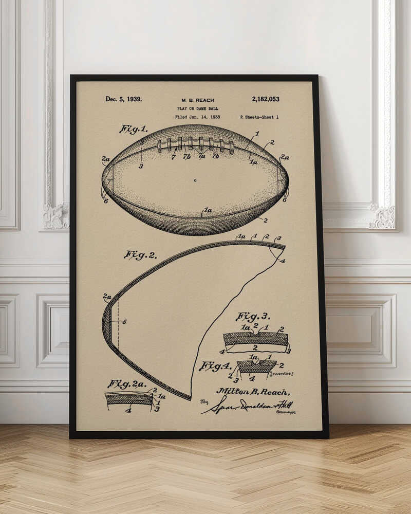 A framed print of the 1939 U.S. patent for a 'Play or Game Ball' by inventor M. B. Reach. The illustration features detailed technical drawings of a football in black ink on a beige, parchment-like background. Poster