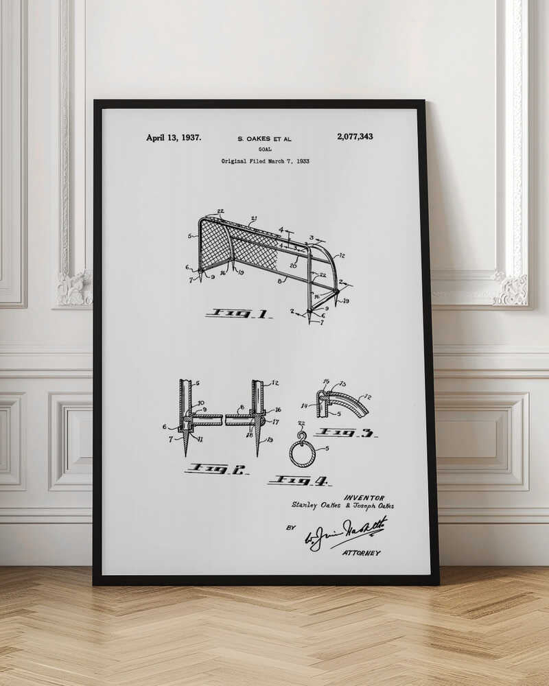 A framed black and white patent illustration for a sports goal, dated April 13, 1937. The diagram shows multiple figures detailing the construction of the goal, complete with labels, inventor names, and signatures. Decor