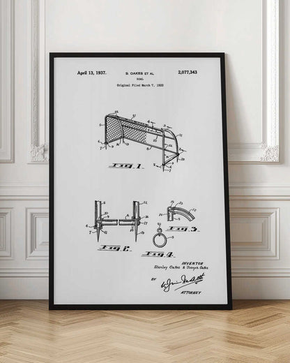 A framed black and white patent illustration for a sports goal, dated April 13, 1937. The diagram shows multiple figures detailing the construction of the goal, complete with labels, inventor names, and signatures. Decor