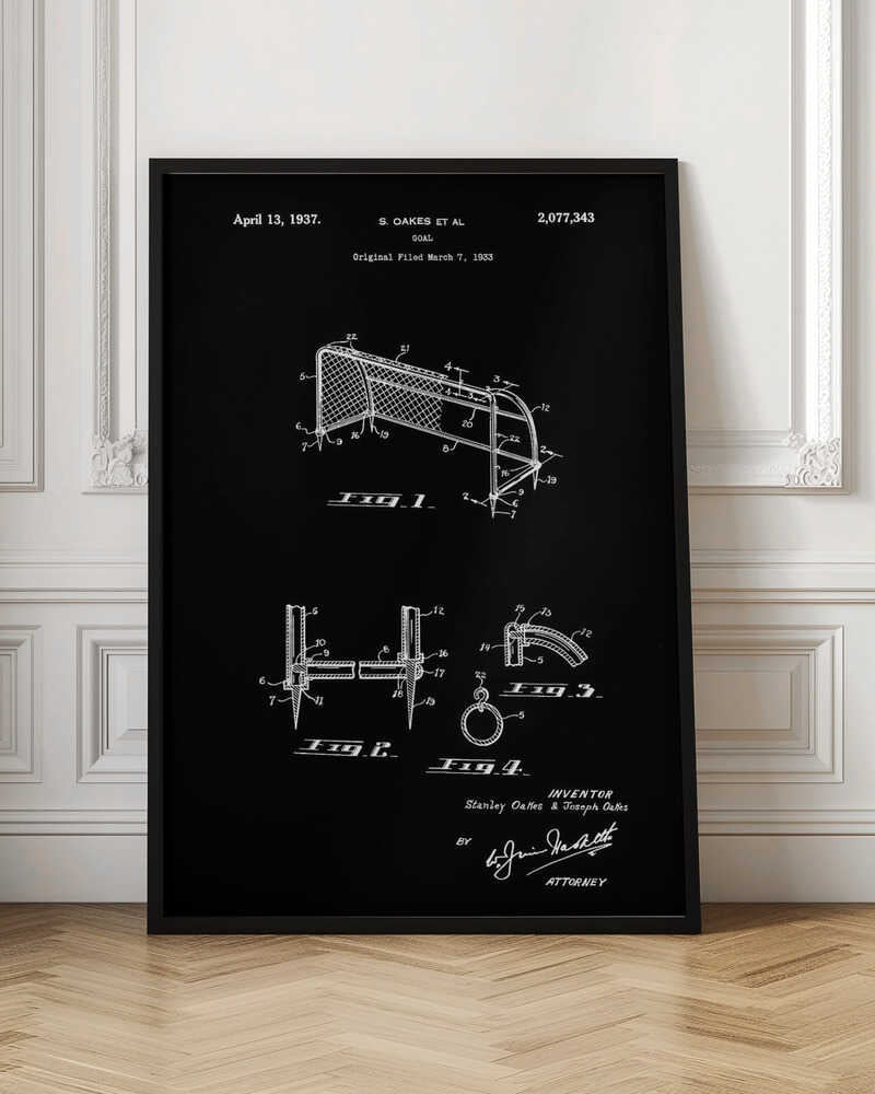 A framed vintage patent illustration for a soccer goal, dated April 13, 1937. The drawing, presented in white lines on a black background, details the construction of the goal with multiple figures and annotations. Decor