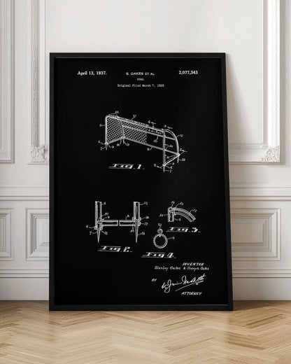 A framed vintage patent illustration for a soccer goal, dated April 13, 1937. The drawing, presented in white lines on a black background, details the construction of the goal with multiple figures and annotations. Decor