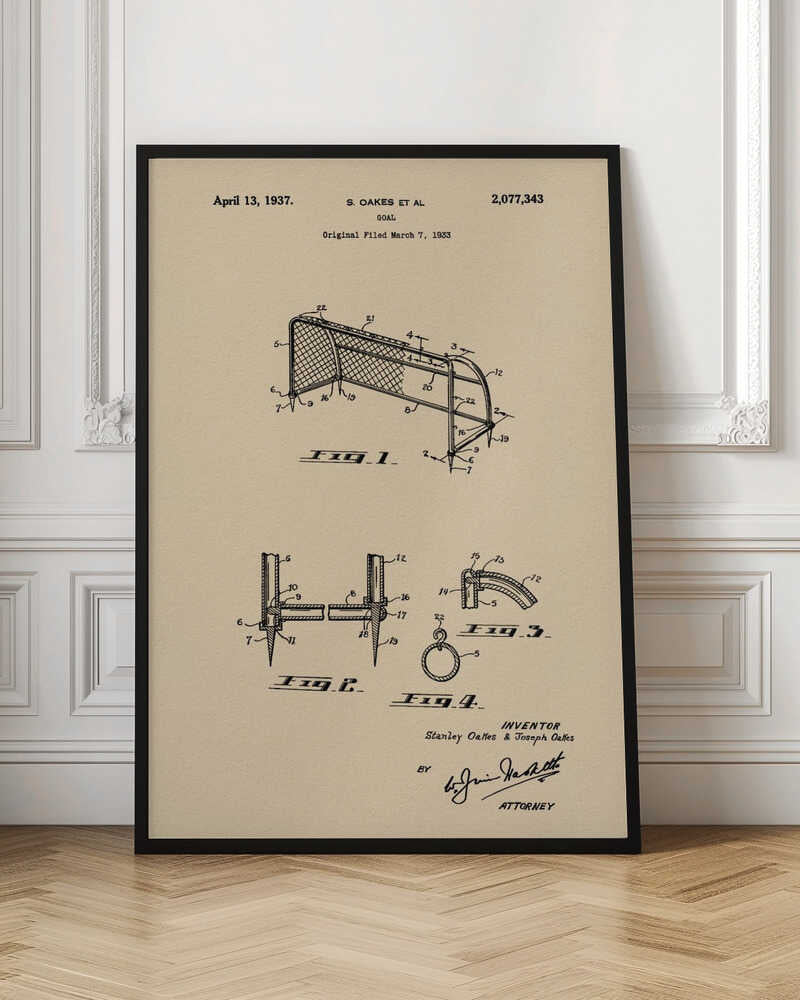 A framed vintage-style patent print for a sports goal, dated April 13, 1937. The artwork features detailed black line drawings of the goal and its components on a beige parchment background, complete with patent numbers, inventor names, and signatures. Poster