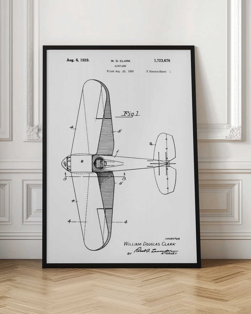 A framed, black and white patent illustration for an airplane by W.D. Clark, dated August 6, 1929. The image shows a top-down schematic view of the aircraft, labeled 'Fig. 1' with technical details and reference numbers. Print