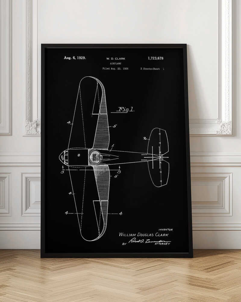 A vintage patent illustration for an airplane by W. D. Clark, dated August 6, 1929. The black and white technical drawing shows a top-down view of the aircraft, complete with design notes and figures, presented against a solid black background within a black frame. Artwork