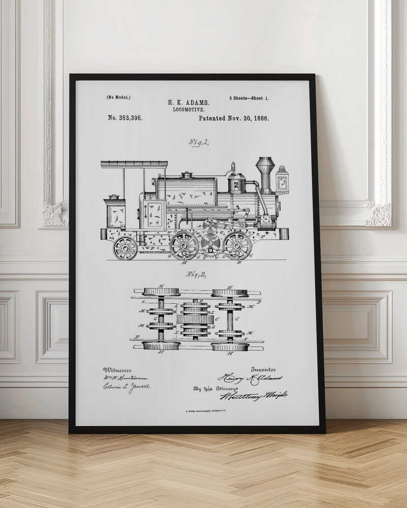 A framed black and white patent illustration for an H.K. Adams locomotive, dated November 30, 1886. The drawing features a detailed side view of the steam engine and a top-down diagram of its wheel and gear assembly. Wall Art