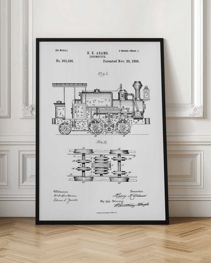 A framed black and white patent illustration for an H.K. Adams locomotive, dated November 30, 1886. The drawing features a detailed side view of the steam engine and a top-down diagram of its wheel and gear assembly. Wall Art