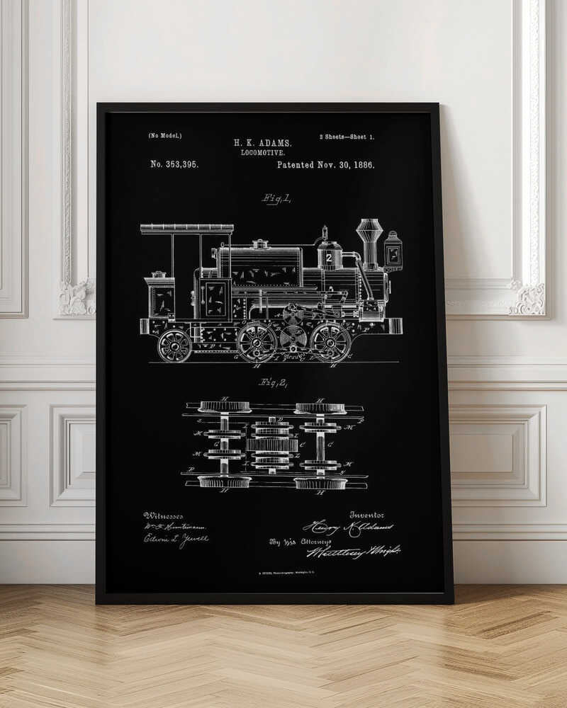 A vintage patent illustration for an H. K. Adams locomotive, dated November 30, 1886. The drawing, in white lines on a black background, shows a detailed side view and a top view of the train's wheel and gear mechanics, all framed in black. Artwork