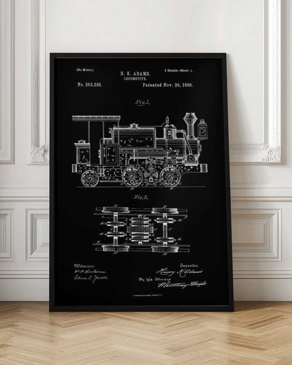 A vintage patent illustration for an H. K. Adams locomotive, dated November 30, 1886. The drawing, in white lines on a black background, shows a detailed side view and a top view of the train's wheel and gear mechanics, all framed in black. Artwork