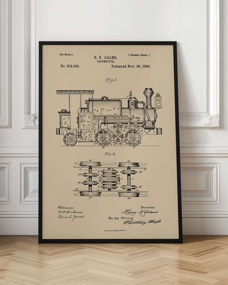 A framed vintage patent illustration for an H.K. Adams locomotive, dated November 30, 1886. The drawing is in black ink on a beige, parchment-like background, showing a detailed side view and an overhead view of the train's undercarriage and wheel mechanism. Decor