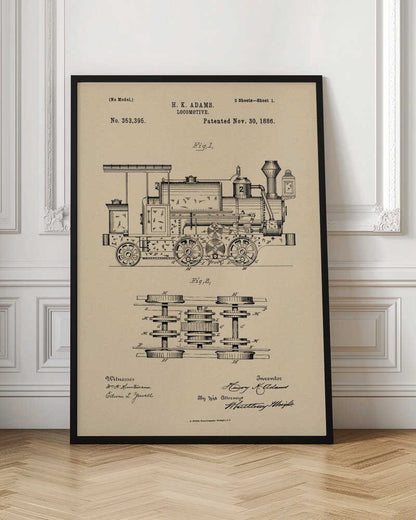 A framed vintage patent illustration for an H.K. Adams locomotive, dated November 30, 1886. The drawing is in black ink on a beige, parchment-like background, showing a detailed side view and an overhead view of the train's undercarriage and wheel mechanism. Decor