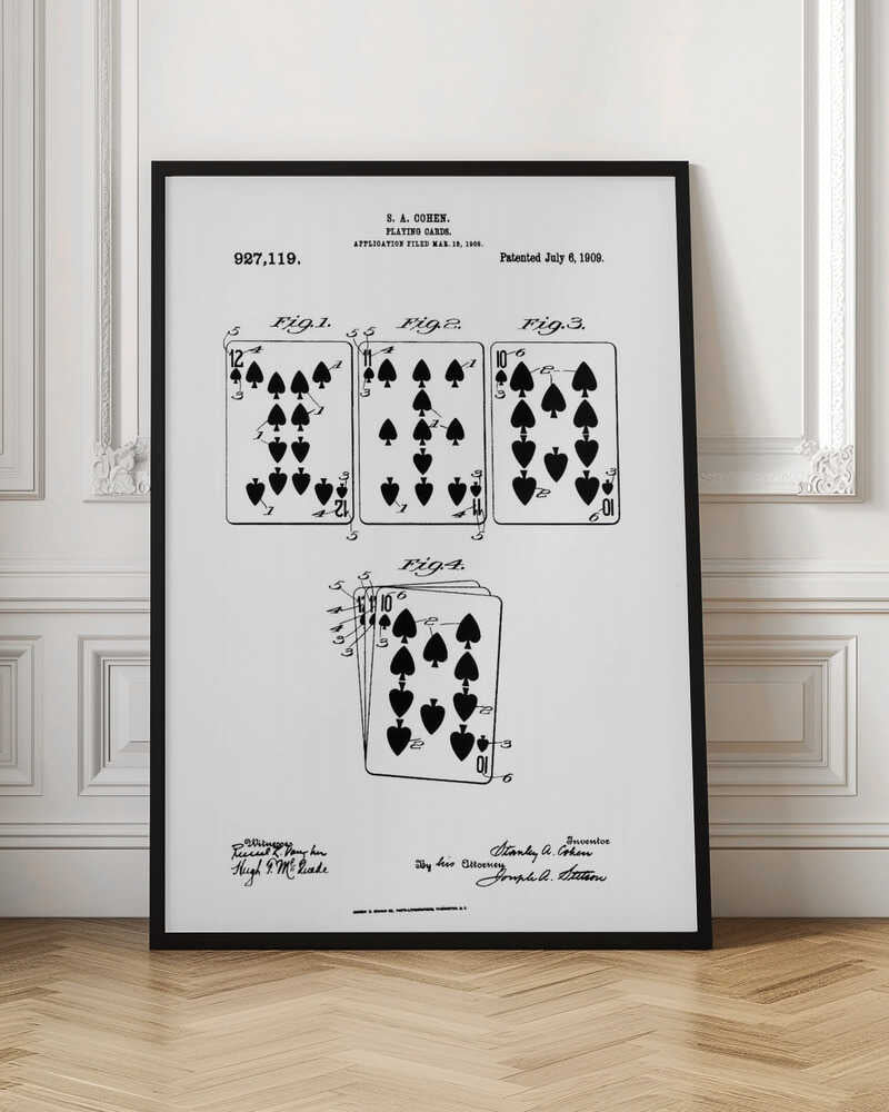 A framed, black and white patent illustration for playing cards by S. A. Cohen, patented July 6, 1909. The technical drawing displays four figures showing various spade playing cards, including a 12, 11, and 10, along with official text and signatures. Decor