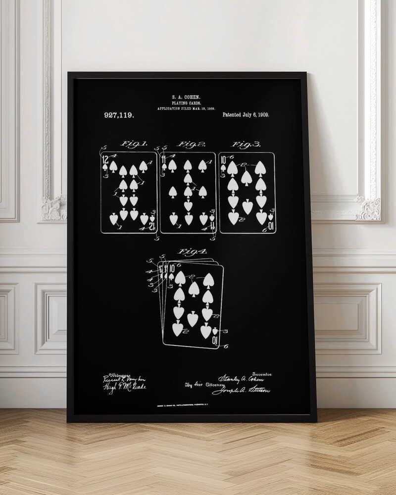 A framed black and white patent illustration from 1909 for playing cards by S.A. Cohen. The blueprint-style drawing shows four figures of playing cards, primarily with spade and heart suits, on a black background. Text and signatures related to the patent are visible at the top and bottom. Wall Art